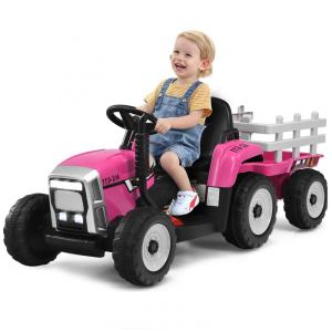 Trator Elétrico Infantil 2 em 1 com Reboque, Controle Remoto, Câmbio de 3 Marchas, Música, USB e Bluetooth, 12V, Olakids, Rosa