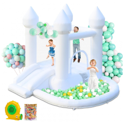 Castelo Inflável AONESY Branco com Piscina de Bolinhas e Escorregador, 2,8 x 2,5 x 2,3 m, Portátil para Uso Interno e Externo