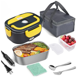 Marmita Elétrica Portátil 2 em 1 com Recipiente de Aço Inoxidável e Acessórios, 12V 110V 55W, CLCYICEN, Preta e Amarela