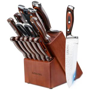 Conjunto de Facas Leking em Aço Inoxidável com Bloco de Bancada e Afiador Embutido, 15 Peças, Marrom