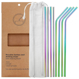 Conjunto de 8 Canudos De Metal Em Aço Inoxidável Ultra Longo, Reutilizáveis, Arco Íris