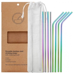 Conjunto de 8 Canudos De Metal Em Aço Inoxidável, Reutilizáveis, Arco Íris