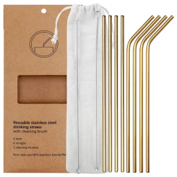 Conjunto de 8 Canudos De Metal Em Aço Inoxidável Ultra Longo, Reutilizáveis, Gold