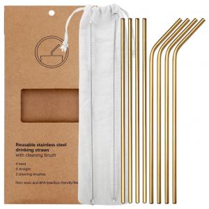 Conjunto de 8 Canudos De Metal Em Aço Inoxidável Ultra Longo, Reutilizáveis, Gold