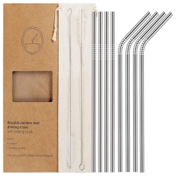 Conjunto de 8 Canudos De Metal Em Aço Inoxidável, Reutilizáveis, Prata