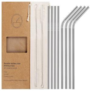 Conjunto de 8 Canudos De Metal Em Aço Inoxidável, Reutilizáveis, Prata