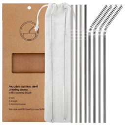 Conjunto de 8 Canudos De Metal Em Aço Inoxidável Ultra Longo, Reutilizáveis, Prata