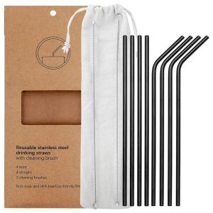 Conjunto de 8 Canudos De Metal Em Aço Inoxidável, Reutilizáveis, Preto