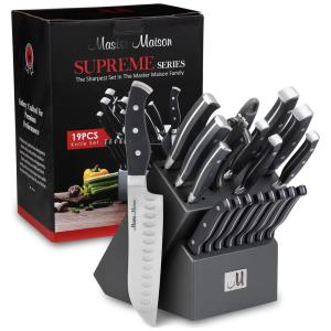 Conjunto de Facas em Aço Inoxidável com Afiador Embutido e Bloco de Bancada Peças, MASTER MAISON 19 Piece Premium Knife Set w, Block, Preto