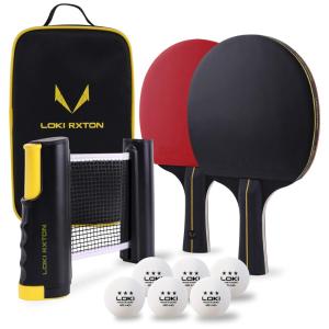 LOKI RXTON Kit de Ping Pong com Mesa Portátil, 2 Raquetes, 6 Bolas e Estojo Compacto, Preto, Vermelho
