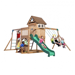 Playground Infantil com Mesa de Piquenique, Barras de Macaco, Escorregador, 2 Balanços e Barra de Acrobacias, Backyard Discovery