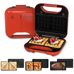 Sanduicheira Antiaderente 3 em 1 com Placas Removíveis 750W, 110v, OMAIGA, Vermelho