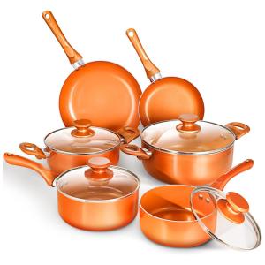Conjunto de Panelas Antiaderente Revestida de Cerâmica, 10 Peças, CLOCKITCHEN, Laranja Claro