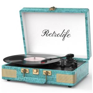 Toca-discos Retrolife 3 Velocidades Bluetooth Portátil Maleta Vinil com Alto-falantes Embutidos em Couro PU Azul Vintage