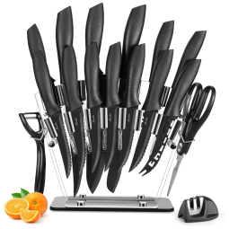 Conjunto de Facas com Bloco de Bancada Multinível, 17 Peças, MOOKA FAMILY, Preto