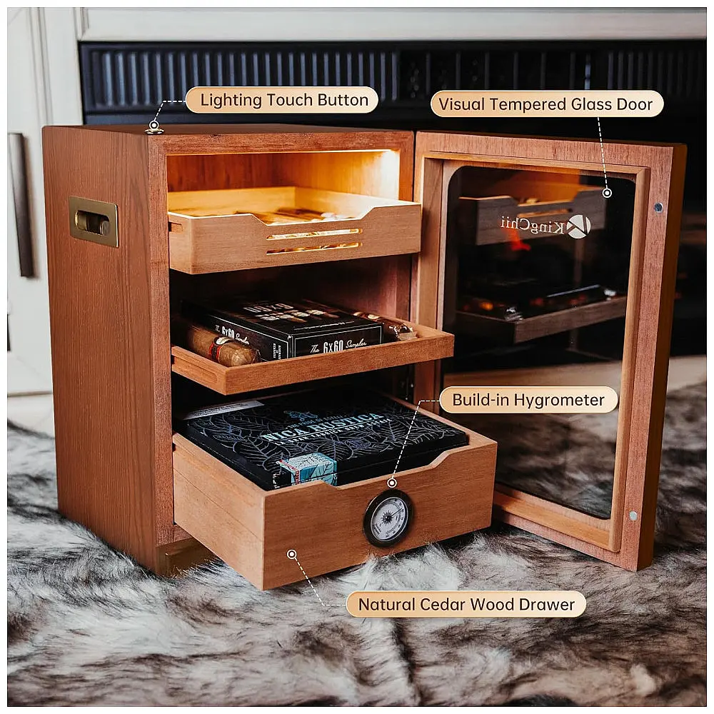 Humidor para Charutos KingChii Marrom Sistema de Controle de Luz LED 3 Compartimentos 100 Charutos 110V — foto 2