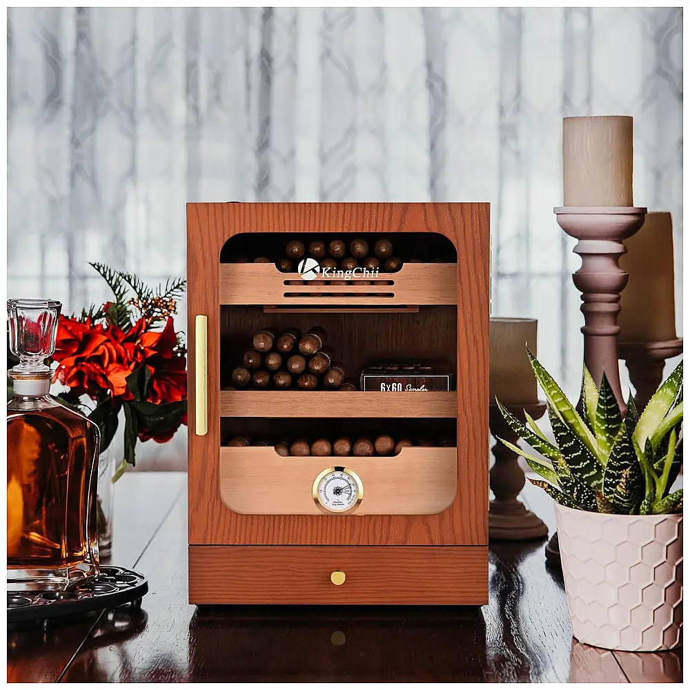 Humidor para Charutos KingChii Marrom Sistema de Controle de Luz LED 3 Compartimentos 100 Charutos 110V — foto 3