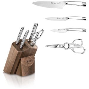 Conjunto de Facas em Aço Inoxidável com Afiador Embutido e Bloco de Bancada 5 Peças, CANGSHAN 1022605, Prateado