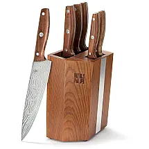 Conjunto de Facas em Aço Inoxidável Japonês com Bloco de Bancada e Cabo em Madeira, 7 Peças, EUNA, Marrom