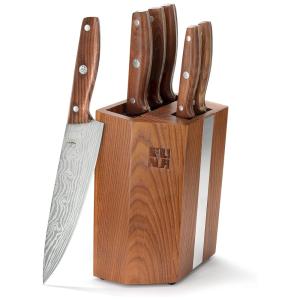 Conjunto de Facas em Aço Inoxidável Japonês com Bloco de Bancada e Cabo em Madeira, 7 Peças, EUNA, Marrom