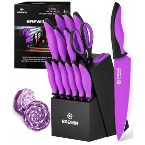 Conjunto de Facas com Bloco de Bancada, Afiador Embutido e Cabo Ergonômico, 15 Peças, Brewin, Roxa