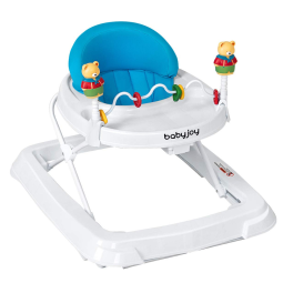 Andador para Bebê BABY JOY, Andador de Atividades Dobrável com Altura Ajustável, Assento Acolchoado com Encosto Alto e Brinquedos de Urso