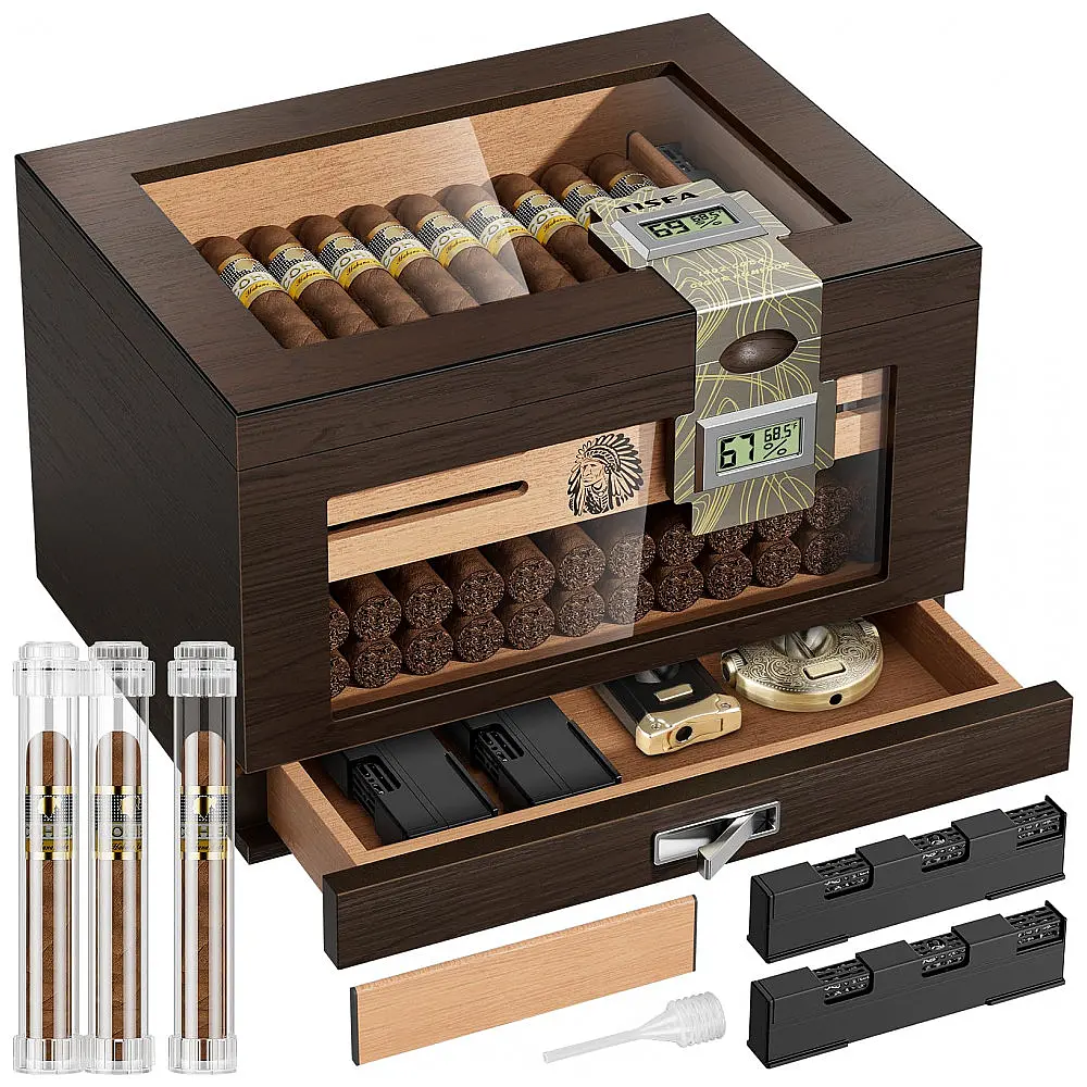 Humidor TISFA Marrom Madeira de Cedro com 2 Higrômetros Digitais e Sistema de Umidificação 50-65 Charutos