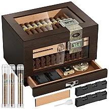 Humidor TISFA Marrom Madeira de Cedro com 2 Higrômetros Digitais e Sistema de Umidificação 50-65 Charutos