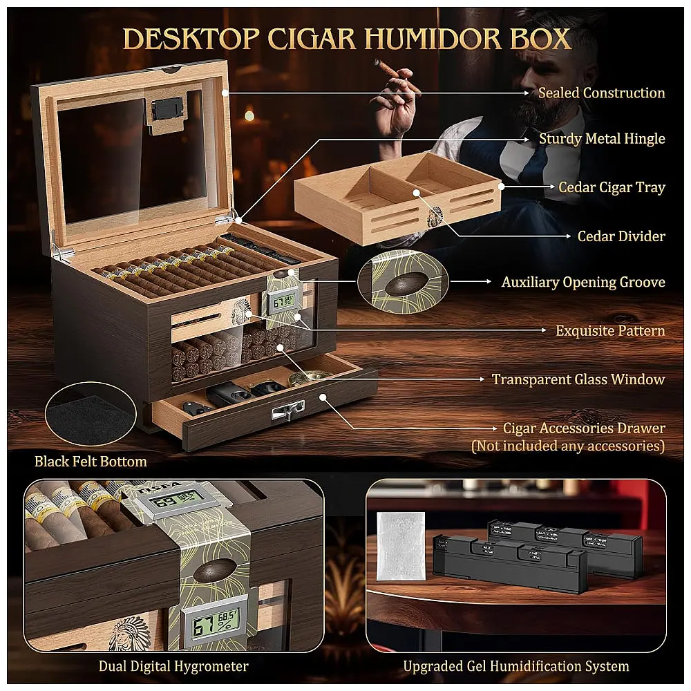 Humidor TISFA Marrom Madeira de Cedro com 2 Higrômetros Digitais e Sistema de Umidificação 50-65 Charutos — foto 2