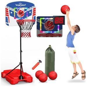 Cesta de Basquete com 3 Bolas, Placar Eletrônico, Iluminação LED, Sons de Torcida e Altura Ajustável de 90 cm a 1,8 metros, Eaglestone