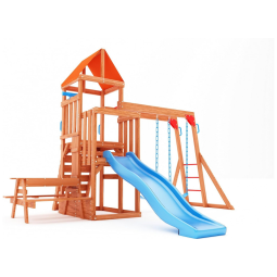 Conjunto de Balanço Infantil﻿ 6 em 1 Dolphin Playground T Madeira Natural Multicolorido com Barra de Macaco, Mesa 2 em 1, Escorregador Onda