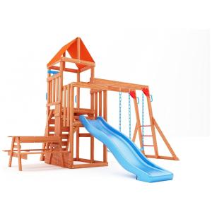 Conjunto de Balanço Infantil﻿ 6 em 1 Dolphin Playground T Madeira Natural Multicolorido com Barra de Macaco, Mesa 2 em 1, Escorregador Onda