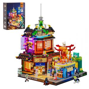 Kit Construção FUNWHOLE Izakaya Japonês Cyberpunk com Iluminação LED, 1987 Peças, Sistema Modular USB, Modelo F9073