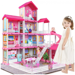 Casa de Bonecas com 11 Quartos e Cômodos Customizáveis para Crianças de 3 Anos ou Mais, TEMI, Rosa