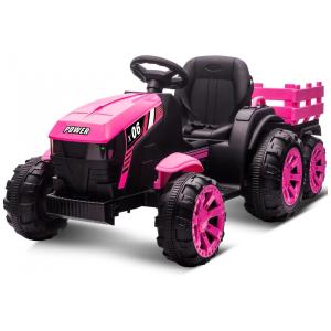 Trator e Reboque Elétrico Infantil a Bateria Recarregável 12V 7AH com Luzes LED e Controle Remoto, OTTARO, Rosa