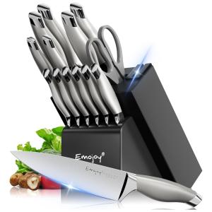 Conjunto de Facas em Aço Inoxidável com Afiador Embutido e Bloco de Bancada 15 Peças, EMOJOY, Cinza