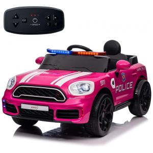 Carro Elétrico Infantil Policial a Bateria com 3 Velocidades, Controle Remoto e Luzes, 12V, AOKOY, Rosa