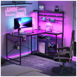 Mesa Gamer de Fibra de Carbono, 42" 106 cm com Gancho para Fone de Ouvido, Luz LED, Porta-Copos, Tomadas, Mesa de Canto Reversível