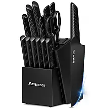 Conjunto de Facas em Aço Inoxidável de Alto Carbono com Bloco de Bancada e Afiador Embutido, 15 Peças, Astercook, Preto
