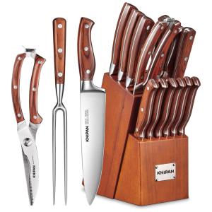 Conjunto de Facas em Aço Inoxidável com Bloco de Bancada, 16 Peças, KNIPAN, Marrom