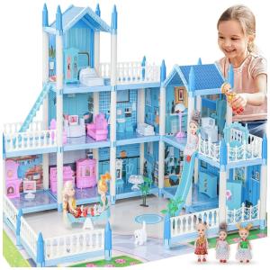 Casa de Boneca com 3 Andares, 9 Quartos, 3 Móveis de Boneca, Boneca e Luz para Crianças de 3 a 8 Anos, LUYE, Azul
