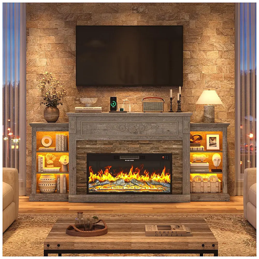 Rack TV Lareira Elétrica Hlivelood 216x95cm 1500W Chamas LED Farmhouse 110V — foto 2