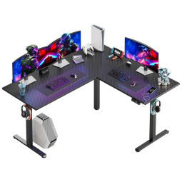 Mesa Gamer de Fibra de Carbono 3D em Formato de L, 63" 160 cm com Altura Ajustável, Ganchos para Fones de Ouvido e Porta de Carregamento