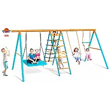 Playground Infantil de Metal com Cesta de Basquete, Barra de Trapézio, Redes de Escalada e 2 Balanços, Osoeri OS-SW01