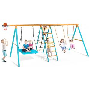 Playground Infantil de Metal com Cesta de Basquete, Barra de Trapézio, Redes de Escalada e 2 Balanços, Osoeri OS-SW01
