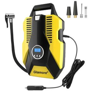 Mini Compressor de Ar Elétrico Automotivo Portátil 12V, 150 PSI com Luz LED, 110v, GLAMORE, Amarelo