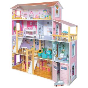 Casa de Bonecas em Madeira com 31 Peças de Móveis e 4 Andares para Crianças Acima de 3 Anos, Milliard, Rosa
