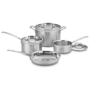 Jogo de Panelas e Frigideiras em Aço Inoxidável com 7 Peças, Acabamento Espelhado e Visual Clássico, Cuisinart MCP-7NP1
