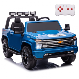 Carro Elétrico Infantil a Bateria 4X4, 2 Lugares com Controle Remoto, Pneus EVA, Música e Luz LED, 24V, NEWQIDA Chevrolet Silverado HD, Azul