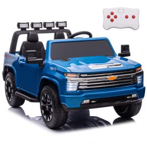 Carro Elétrico Infantil a Bateria 4X4, 2 Lugares com Controle Remoto, Pneus EVA, Música e Luz LED, 24V, NEWQIDA Chevrolet Silverado HD, Azul